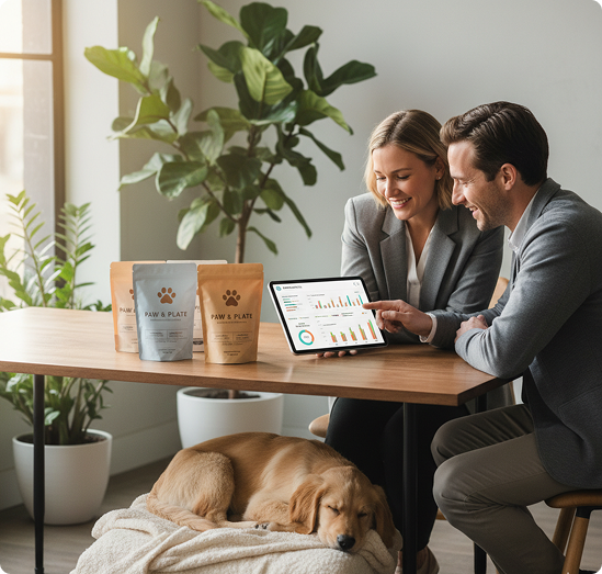 Pet brand founders meeting with dog and products